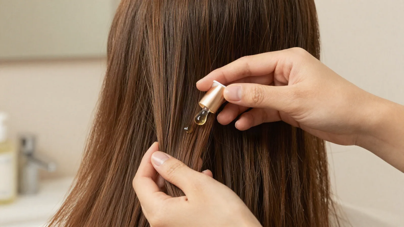 Quelques gouttes d&rsquo;huile capillaire sont chauffées entre les mains avant une application sur les pointes