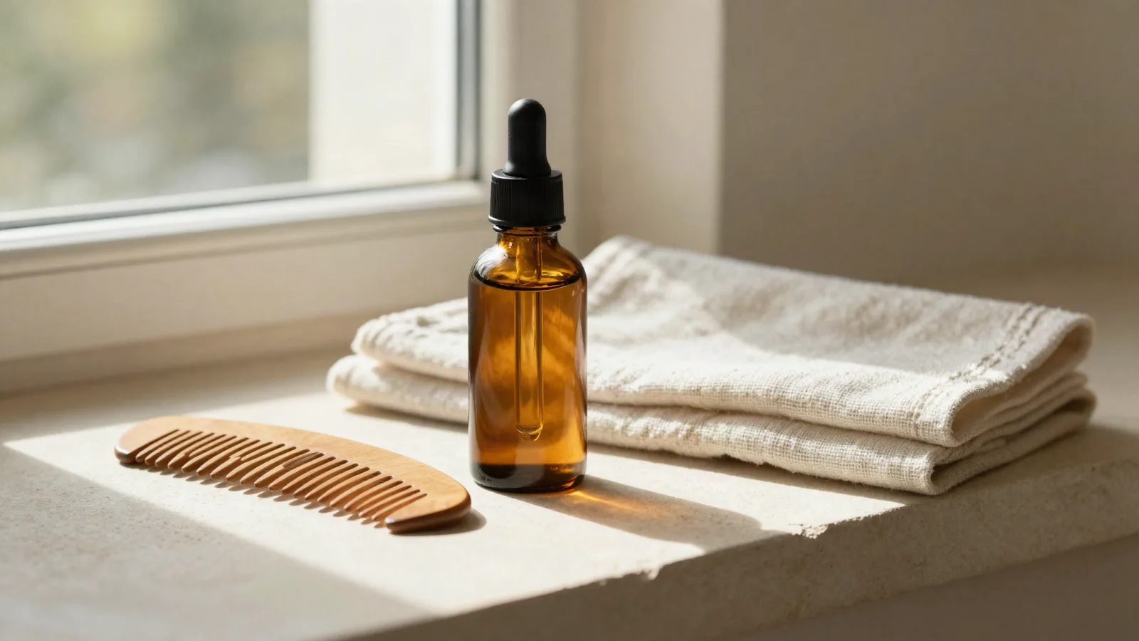 Flacon d'huile capillaire neutre et peigne en bois sur une table claire