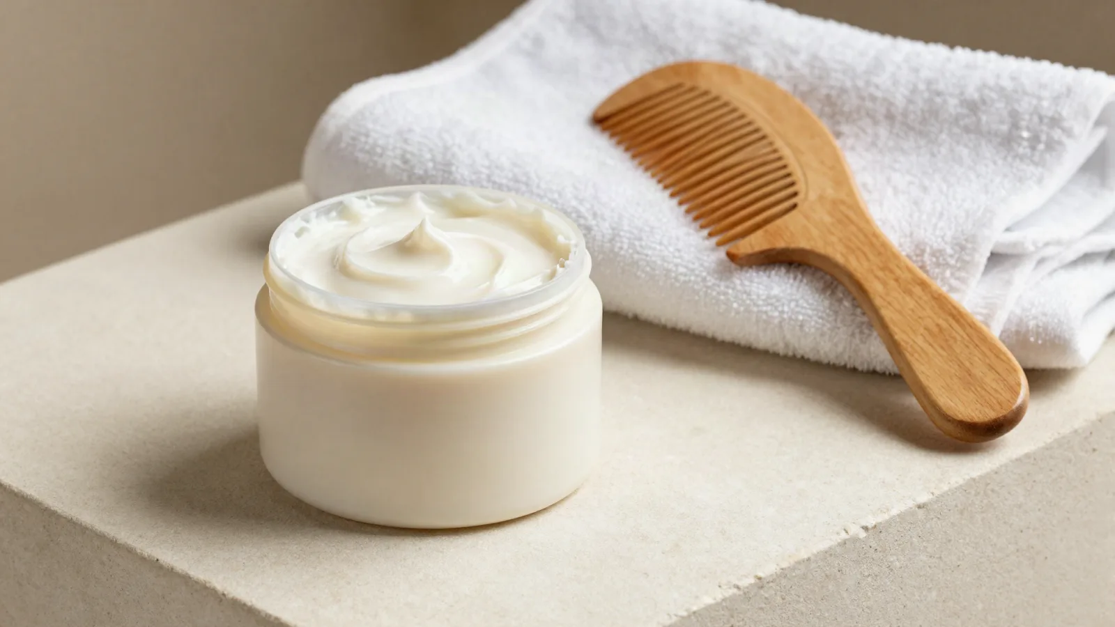 Masque capillaire onctueux dans un pot neutre avec une serviette claire