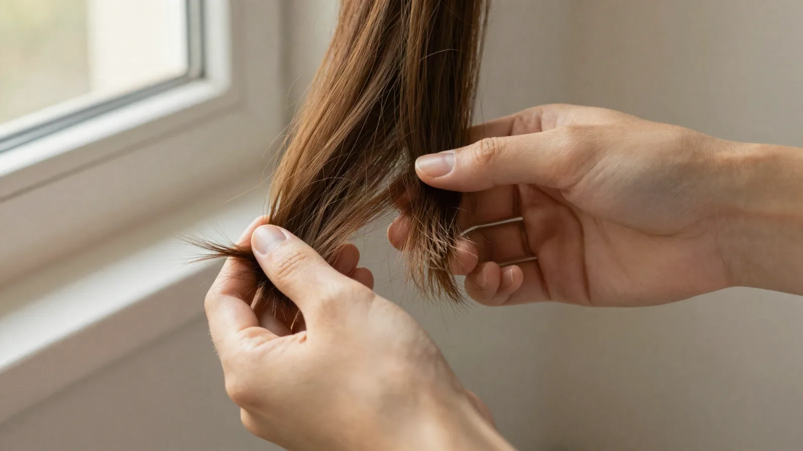 Des mains examinent des pointes de cheveux sèches près d&rsquo;une fenêtre