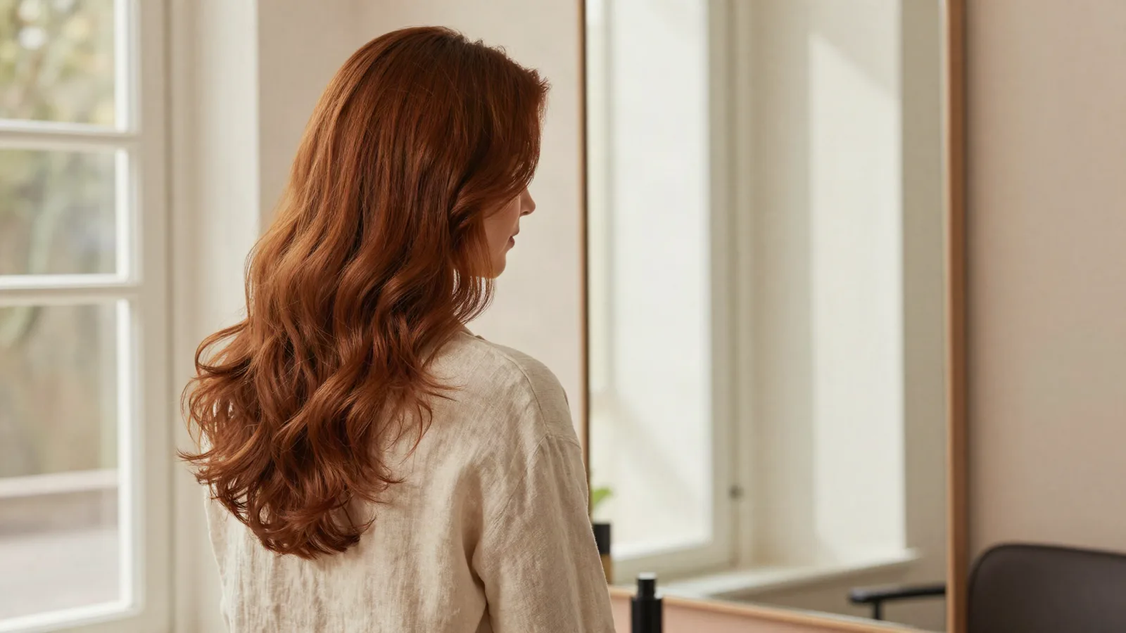 Cheveux longs et souples coiffés naturellement près d'une fenêtre