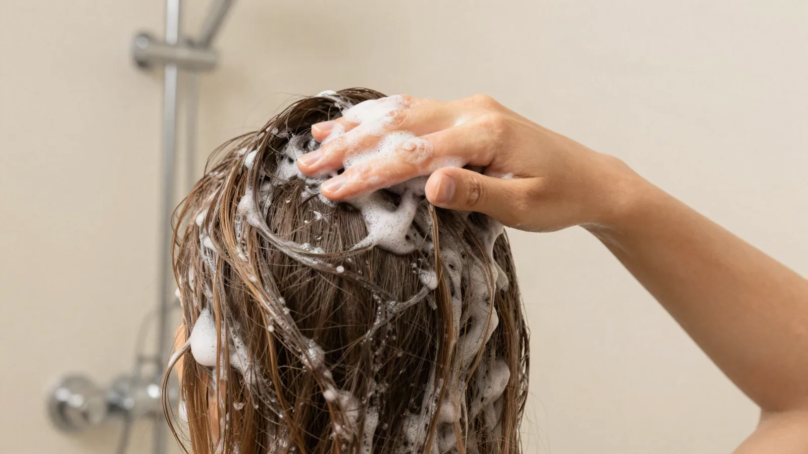 Une personne verse une petite quantité de shampoing dans sa main avant un lavage doux