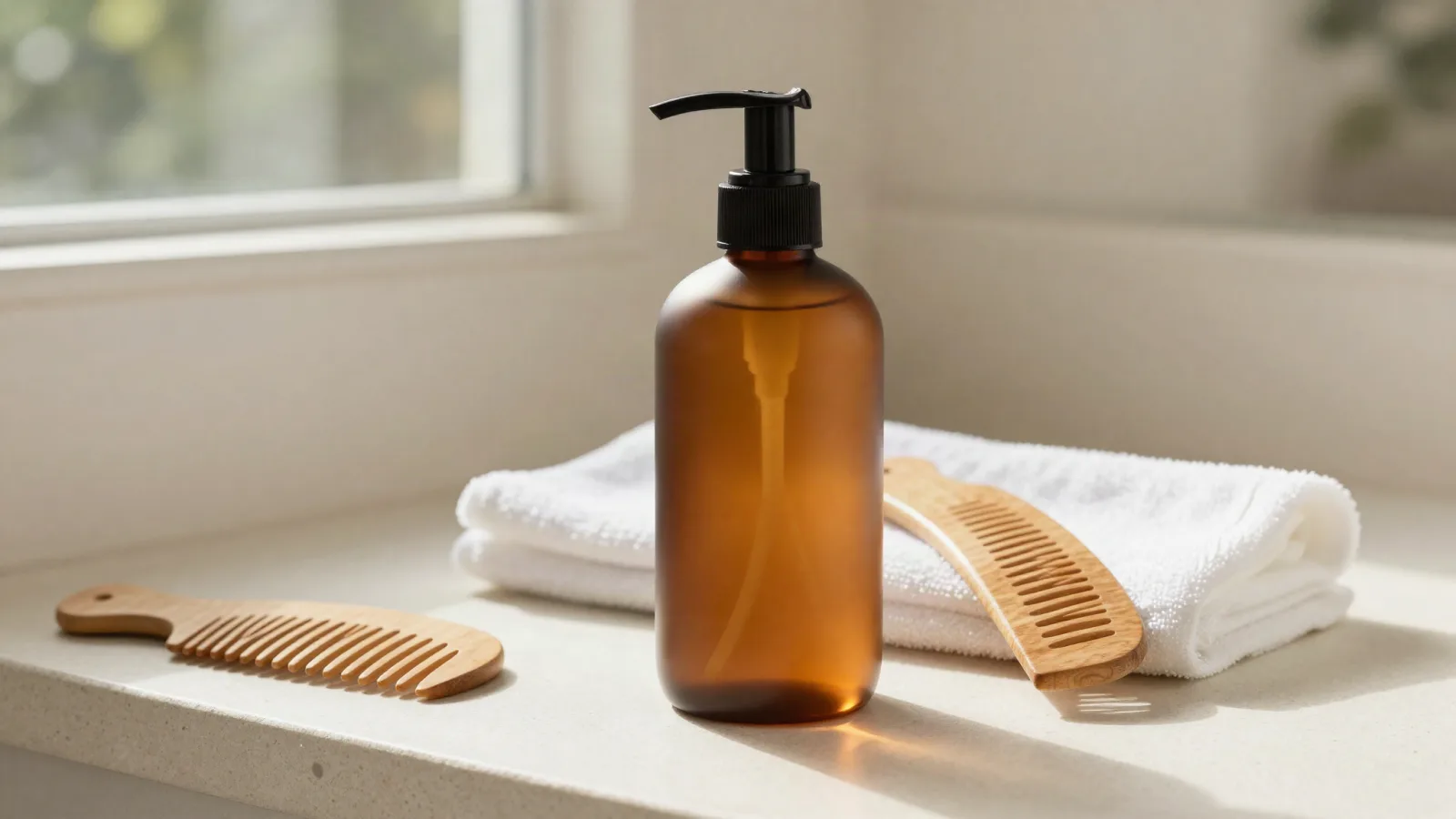 Flacon de shampoing neutre et serviette en coton dans une salle de bain lumineuse