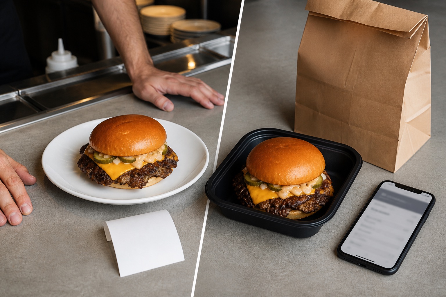 Comparaison d’un smash burger sur place et en livraison